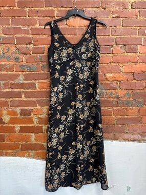 Vintage Y2K‎ Old Navy Black & Gold Floral V-Neck Maxi Dress Gold Size 10